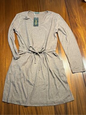 Long Sleeve V-Neck Tie-Waist Dress in Taupe